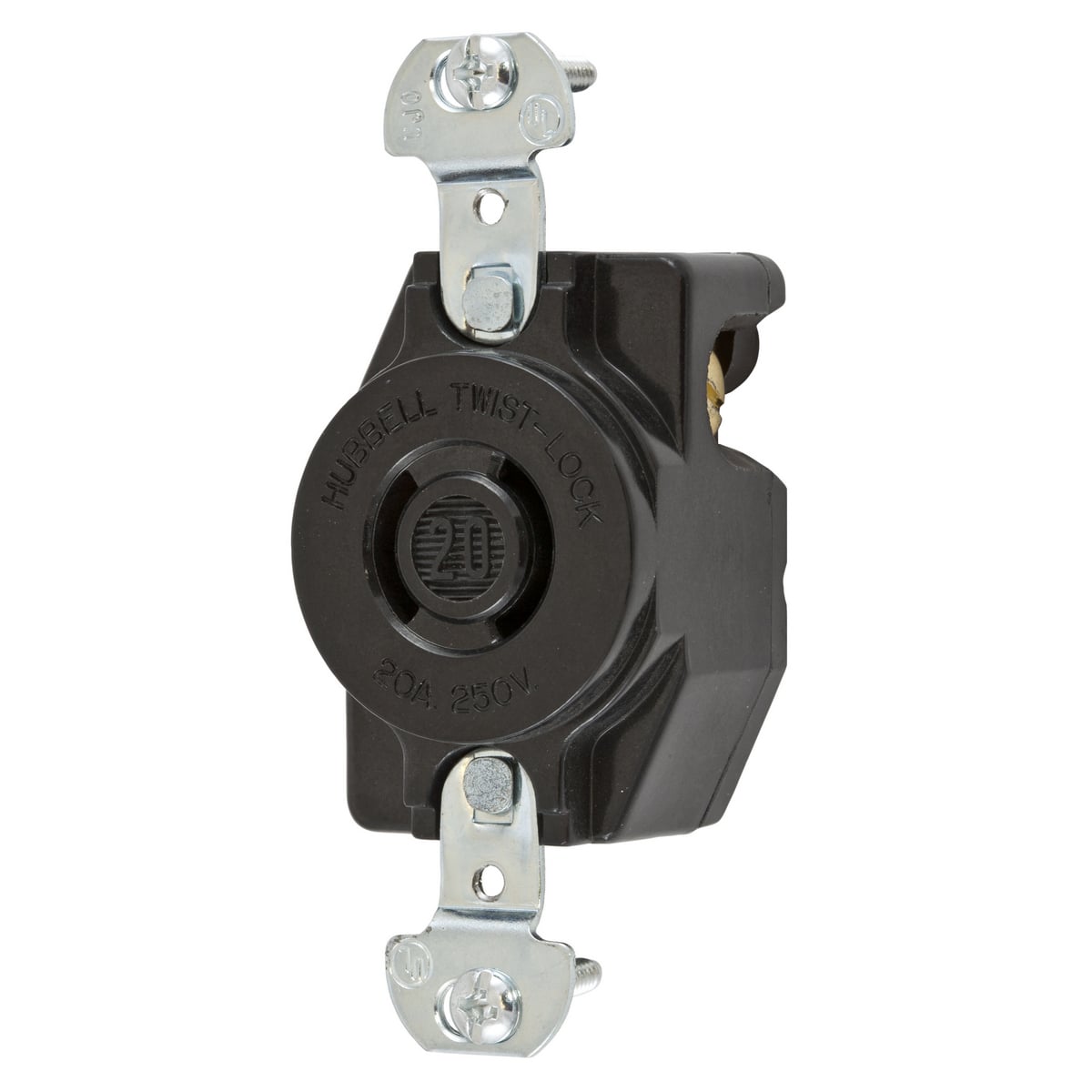 Locking Devices, Twist-Lock, Industrial, Single Flush Receptacle, 20A 250V, 2-Pole 2-Wire Non Grounding, NEMA L2-20R, Screw Terminal, Black phenolic.
