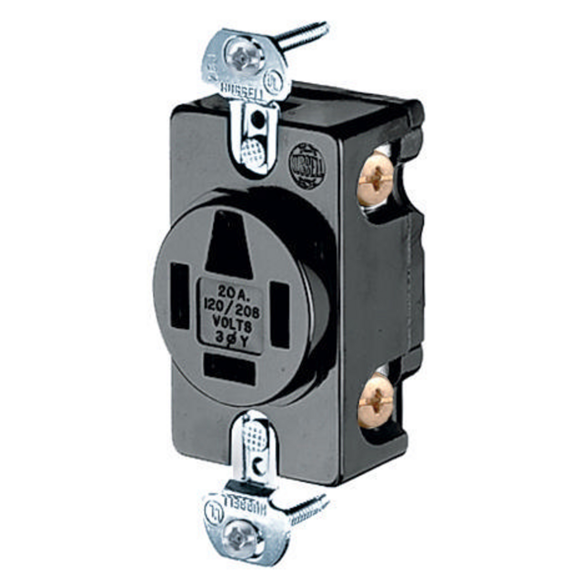 Straight Blade Devices, Receptacles, Flush Receptacle, Industrial Grade, 4-Pole 4-Wire Non-Grounding, 20A 3 Phase 120/208V AC, 18 -20R, Black, Single Pack.