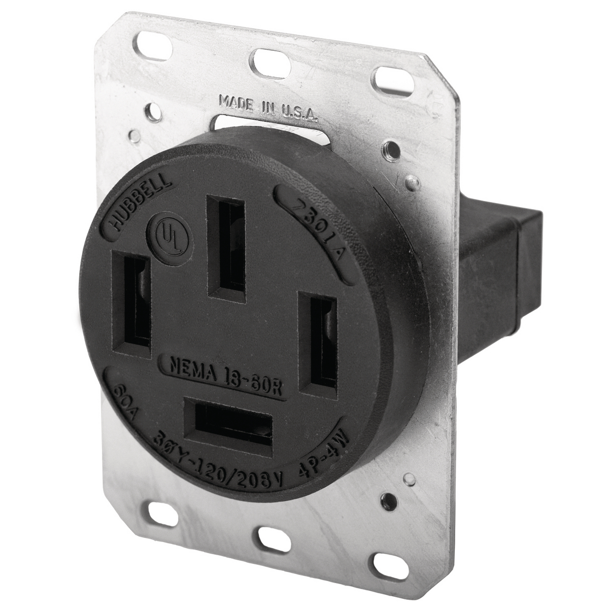 Straight Blade Devices, Receptacles, Single, Industrial Grade, 4- Pole 4-Wire Non-Grounding, 60A 3 Phase 120/208V AC, 18-60R, Black, Single Pack.