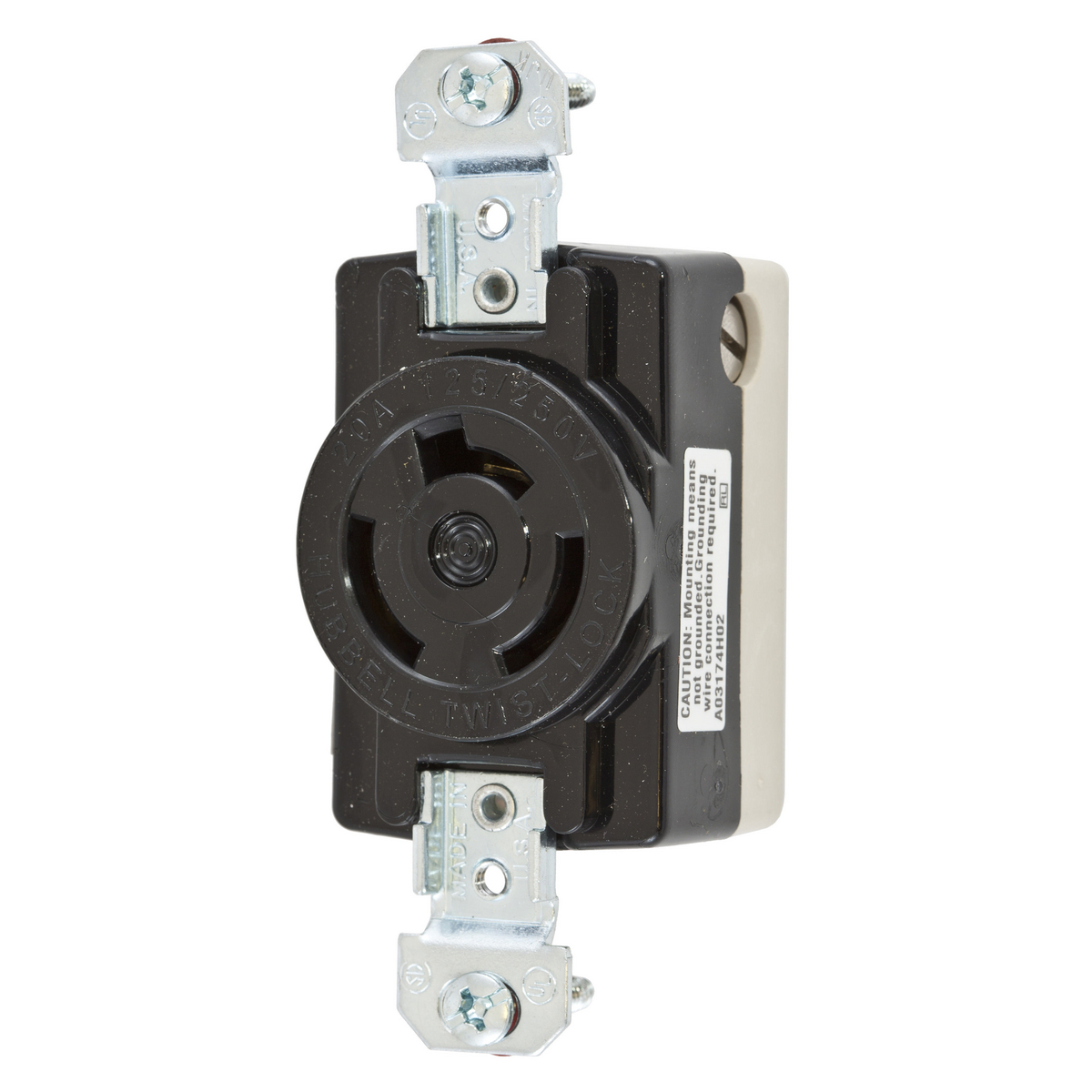 Locking Devices, Twist-Lock, Industrial, Single Flush Receptacle, 20A 125/250V, 3-Pole 3-Wire Non Grounding, Non-NEMA, Screw Terminal, Nylon face, back and side wire, Black.