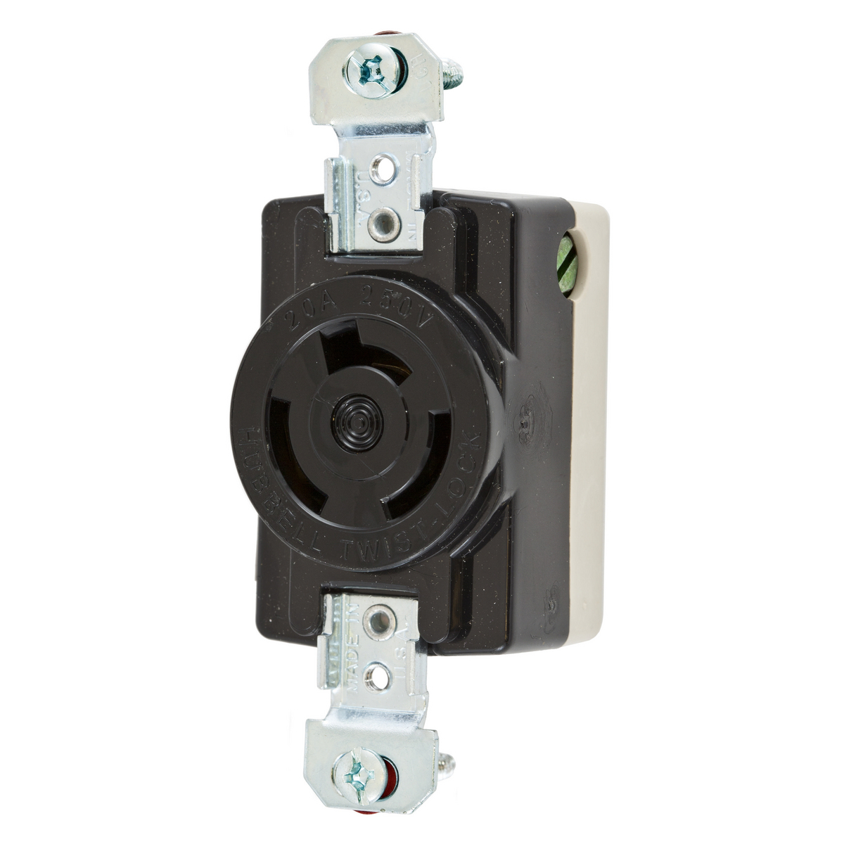 Locking Devices, Twist-Lock, Industrial, Single Flush Receptacle, 20A 250V AC, 2-Pole 3-Wire Grounding, Non-NEMA, Screw Terminal, Nylon face, Back and side wire, Black.