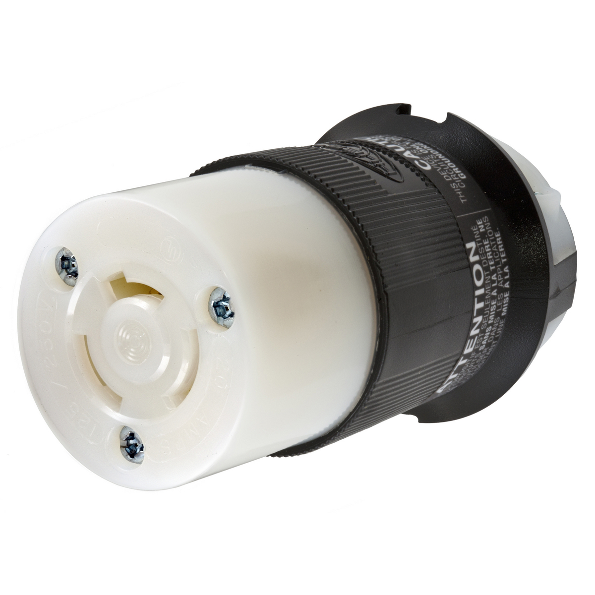 Locking Devices, Twist-Lock, Industrial, Female Insulgrip Connector Body, 20A 125/250V, 3-Pole 3-Wire Non Grounding, Non- NEMA, Screw Terminal, Black and White Nylon.