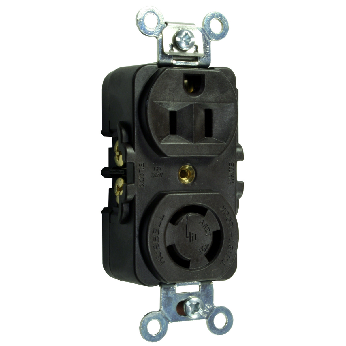 Locking Devices, Twist-Lock, Industrial, Combination Face Duplex Receptacle, 15A 125V/10A 250V,15A 125 V, 2-Pole 3-Wire Grounding, 5-15R and Non NEMA, Screw Terminal, Brown, 2) Feeds 1) Return