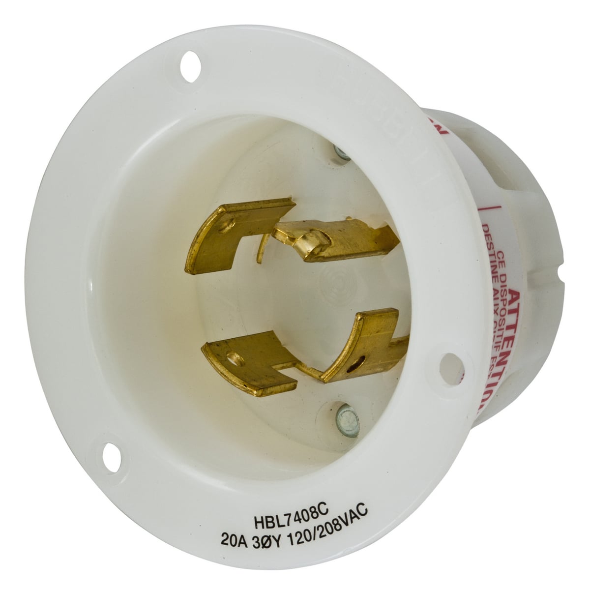 Locking Devices, Twist-Lock, Industrial, Insulgrip Flanged Inlet, 20A 3-Phase Wye 120/208V AC, 4-Pole 4-Wire Non-Grounding, Non-NEMA, Screw Terminal, Nylon casing, Back wired, White.