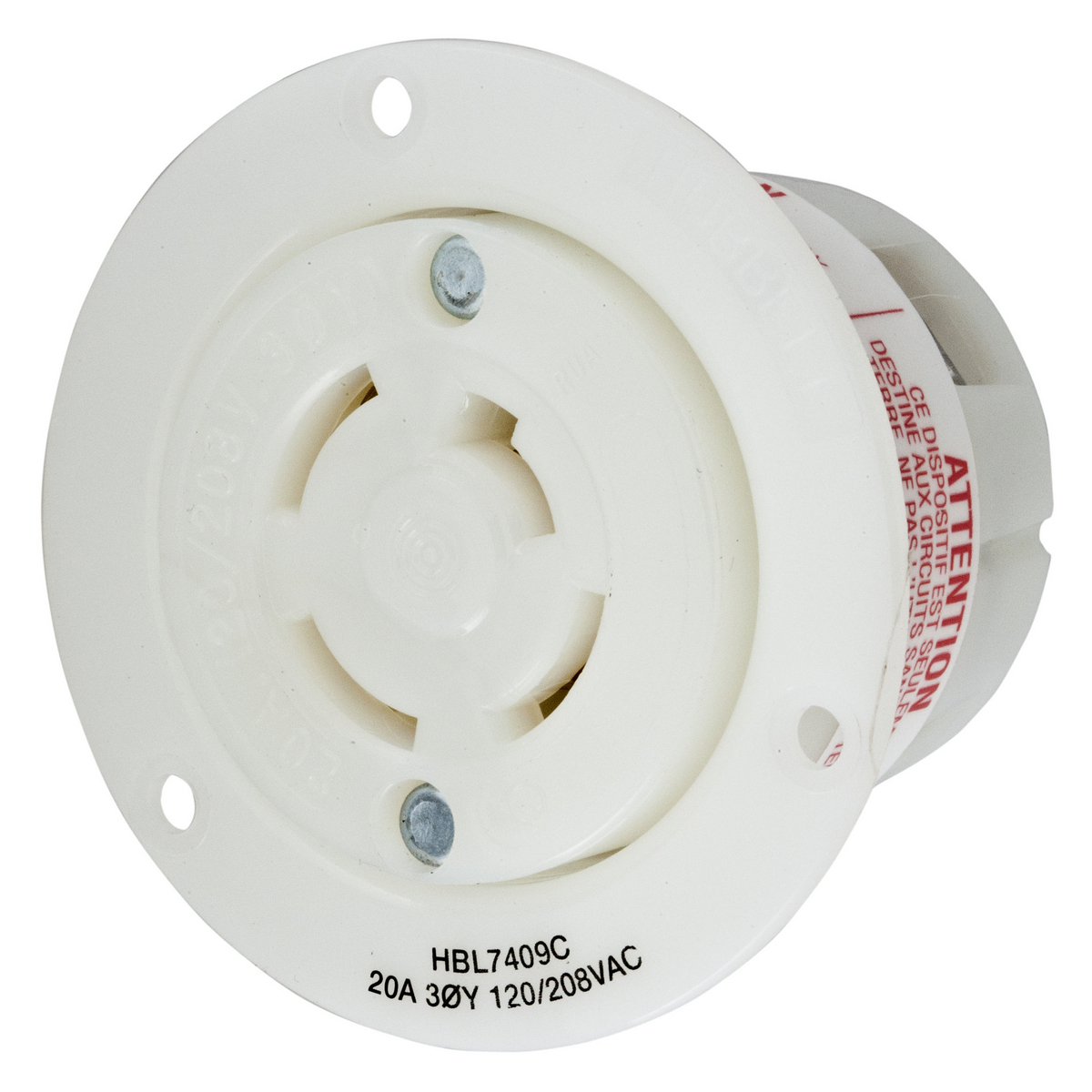 Locking Devices, Twist-Lock, Industrial, Insulgrip Flanged Receptacle, 20A 3-Phase Wye 120/208V AC, 4-Pole 4-Wire Non- Grounding, Non-NEMA, Screw Terminal, Nylon casing, Back  wired, White.