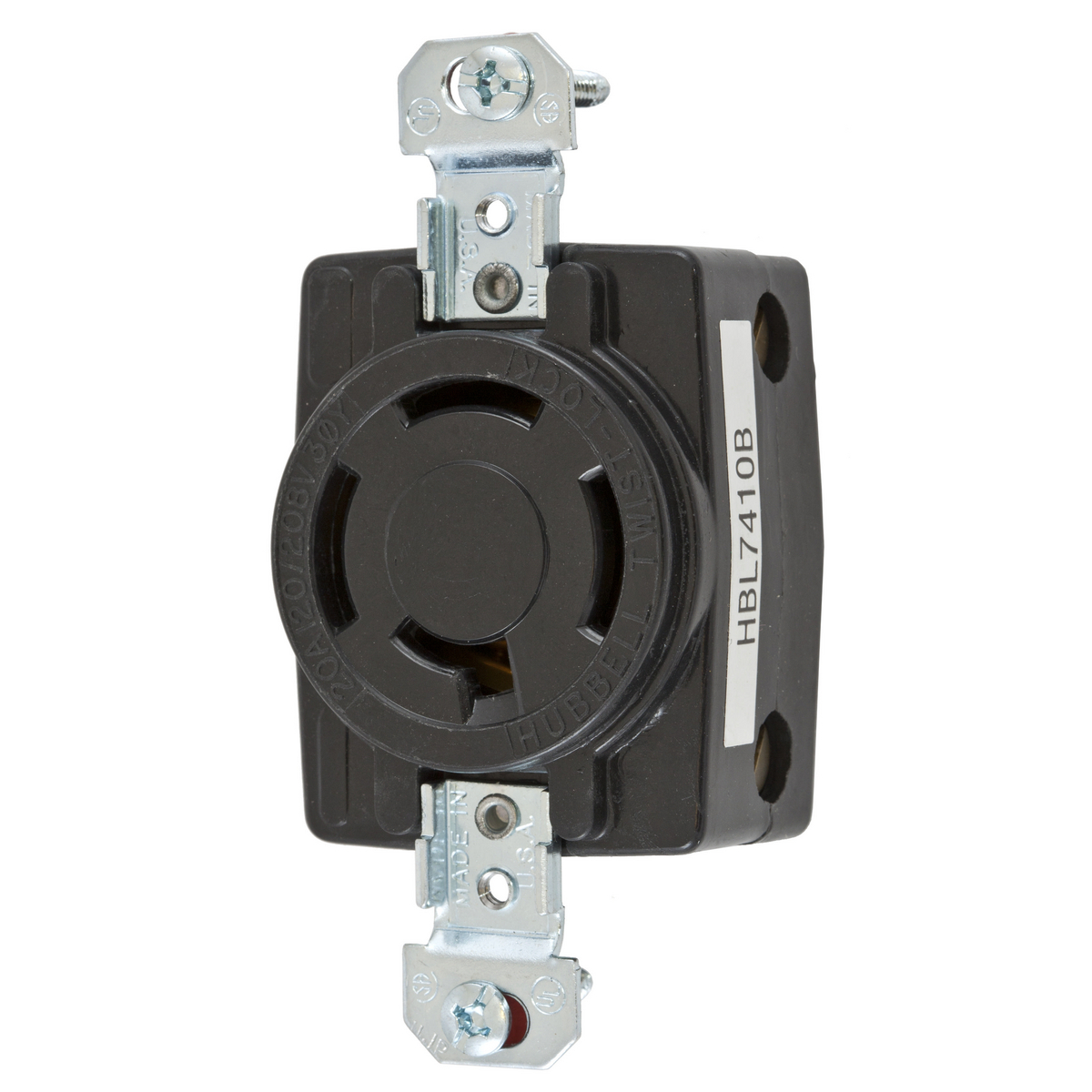 Locking Devices, Twist-Lock, Industrial, Single Flush Receptacle, 20A 3-Phase Wye 120/208V AC, 4-Pole 4-Wire Non- Grounding, Non-NEMA, Screw Terminal, Back wired, Black thermoset.