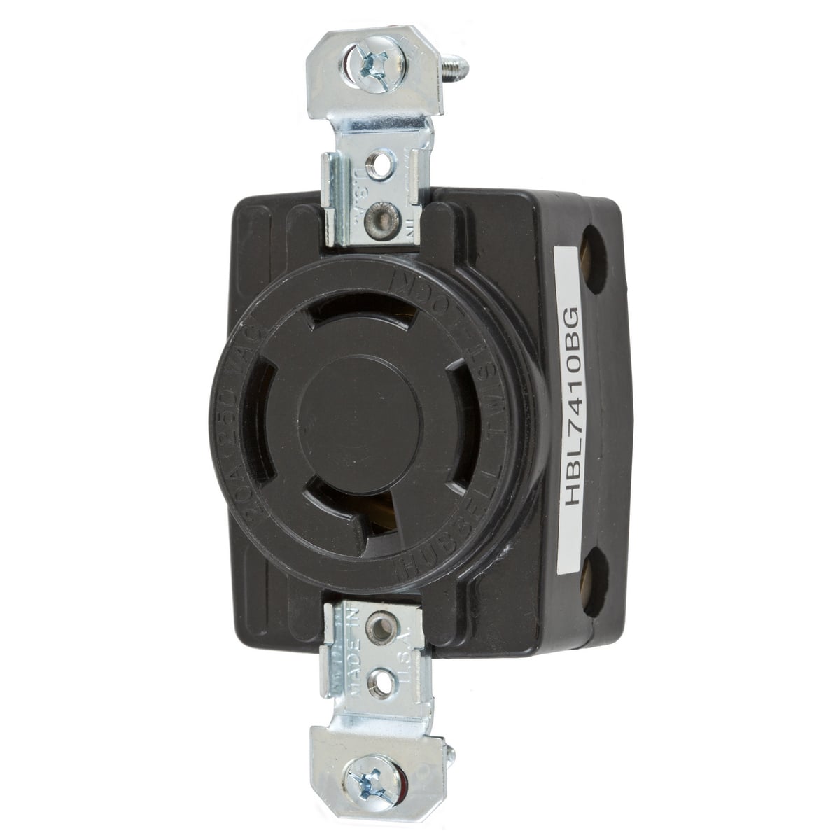 Locking Devices, Twist-Lock, Industrial, Single Flush Receptacle, 20A 3-Phase 250V AC, 3-Pole 4-Wire Grounding, Non-NEMA, Screw Terminal, Back wired, Black Thermoset.