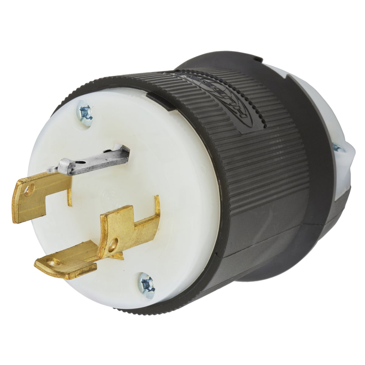 Locking Devices, Twist-Lock, Industrial, Male Insulgrip Plug, 20A 3-Phase 250V AC, 3-Pole 4-Wire Grounding, Non-NEMA, Screw Terminal, Black and White Nylon.