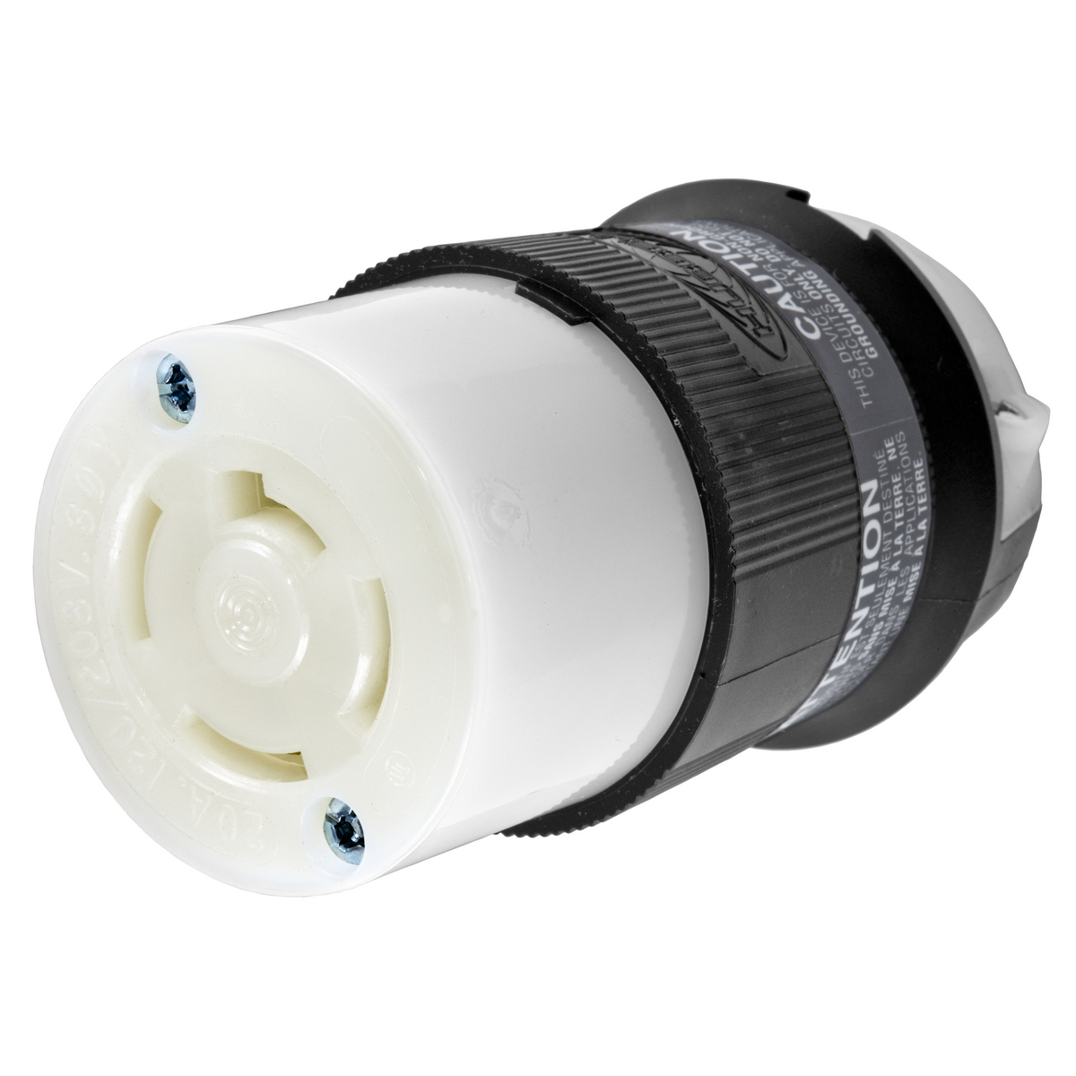 Locking Devices, Twist-Lock, Industrial, Female Insulgrip Connector Body, 20A 3-Phase Wye 120/208V AC, 4-Pole 4-Wire Non- Grounding, Non-NEMA, Screw Terminal, Black and White Nylon.