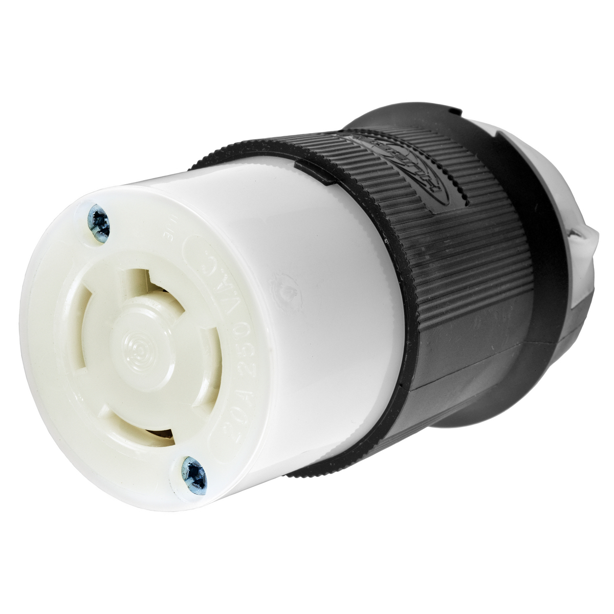 Locking Devices, Twist-Lock, Industrial, Female Insulgrip Connector Body, 20A 3-Phase 250V AC, 3-Pole 4-Wire Grounding, Non-NEMA, Screw Terminal, Black and White Nylon.