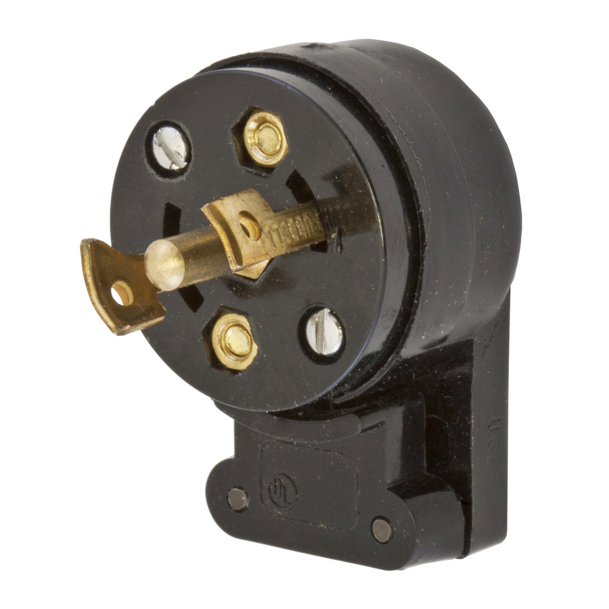 Locking Devices, Midget Twist-Lock, Industrial, Male Plug, 15A 125/250V AC, 3-Pole 3-Wire Non Grounding, NEMA ML-3P, Screw Terminal, Black, Angled.