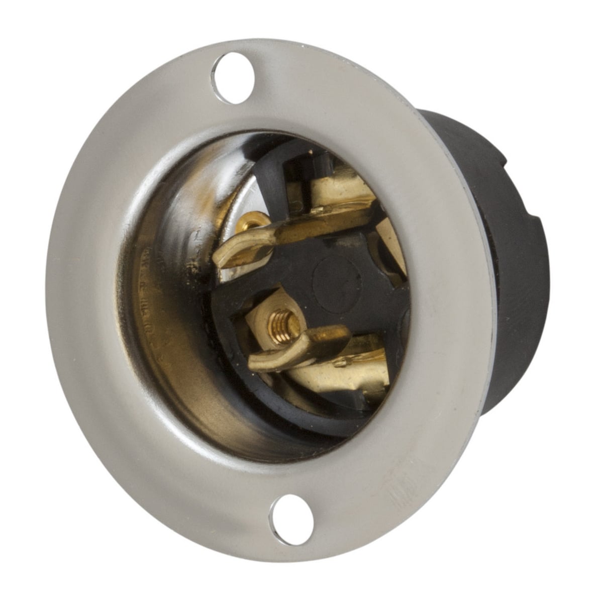 Locking Devices, Midget Twist-Lock, Industrial, Flanged Inlet, 15A 125V AC, 2-Pole 2-Wire Non Grounding, NEMA ML-1P, Screw Terminal, Stainless Steel Flange, Non-Polarized.