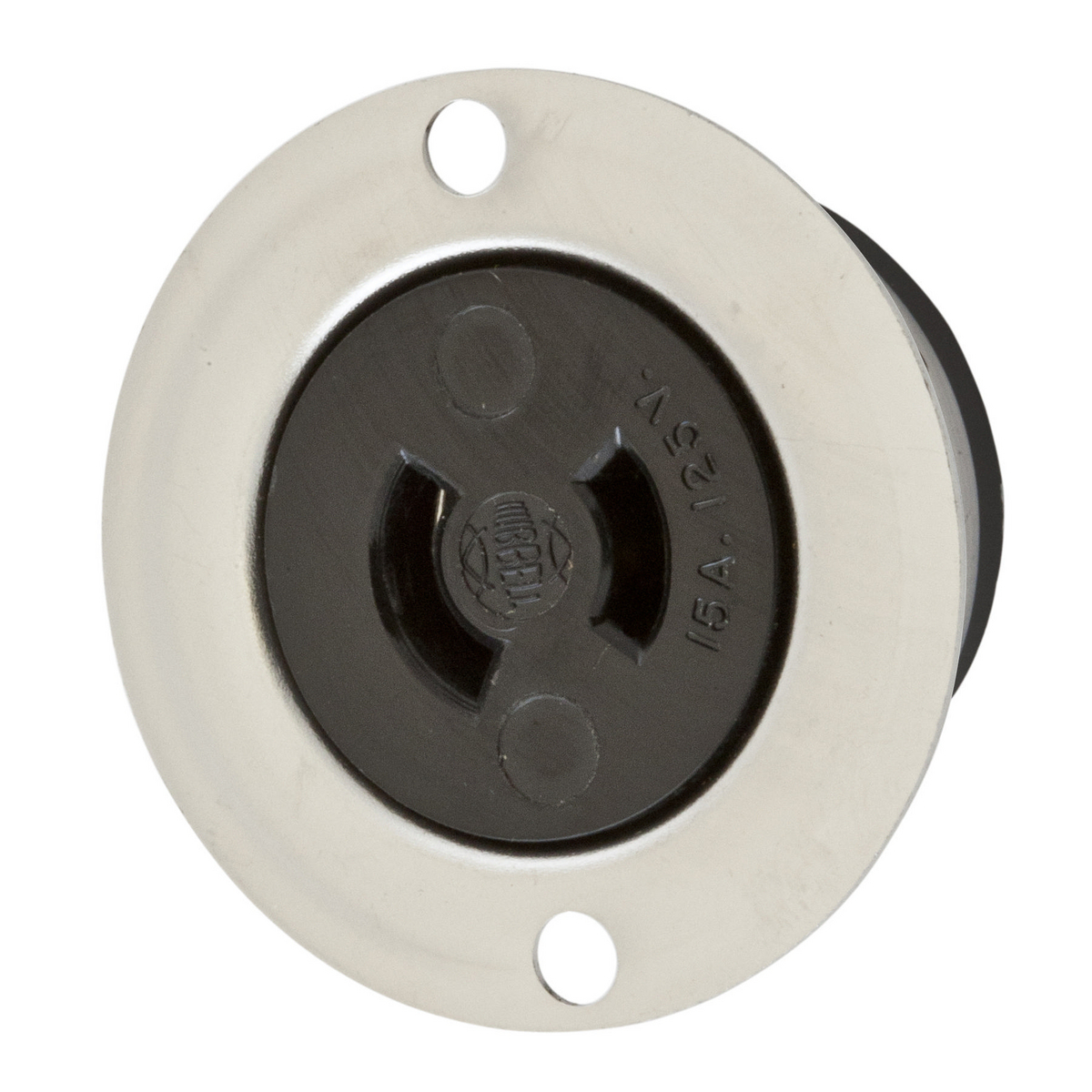 Locking Devices, Midget Twist-Lock, Industrial, Flanged Receptacle, 15A 125V AC, 2-Pole 2-Wire Non Grounding, NEMA ML-1R, Screw Terminal, Stainless Steel Flange.