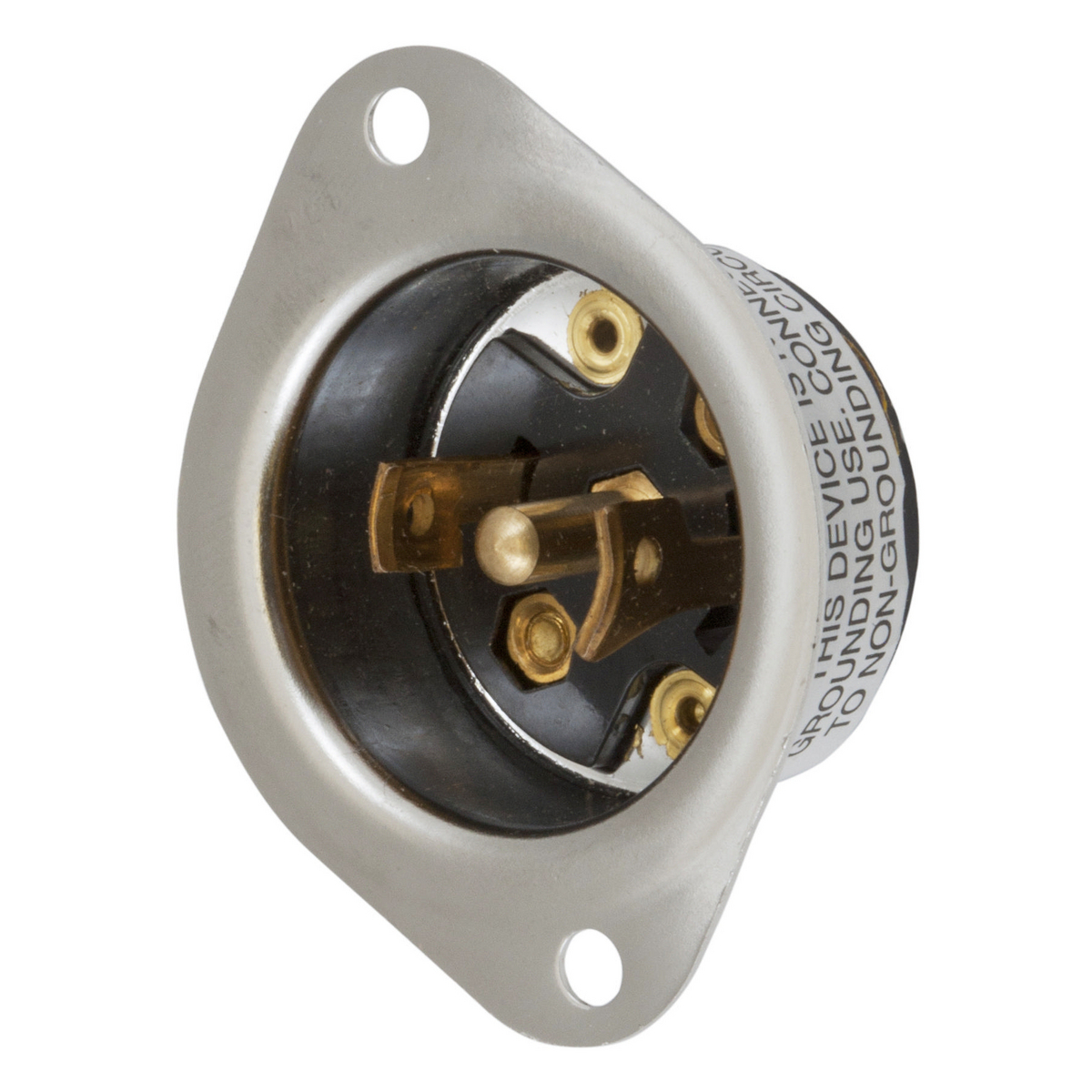 Locking Devices, Midget Twist-Lock, Industrial, Flanged Inlet, 15A 125/250V AC, 3-Pole 3-Wire Non Grounding, NEMA ML-3P, Screw Terminal, Stainless Steel Flange.