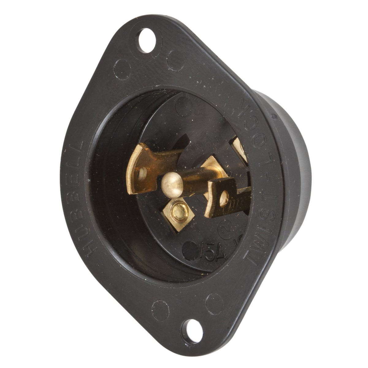 Locking Devices, Midget Twist-Lock, Industrial, Flanged Inlet, 15A 125/250V AC, 3-Pole 3-Wire Non Grounding, NEMA ML-3P, Screw Terminal, Black Nylon Flange.