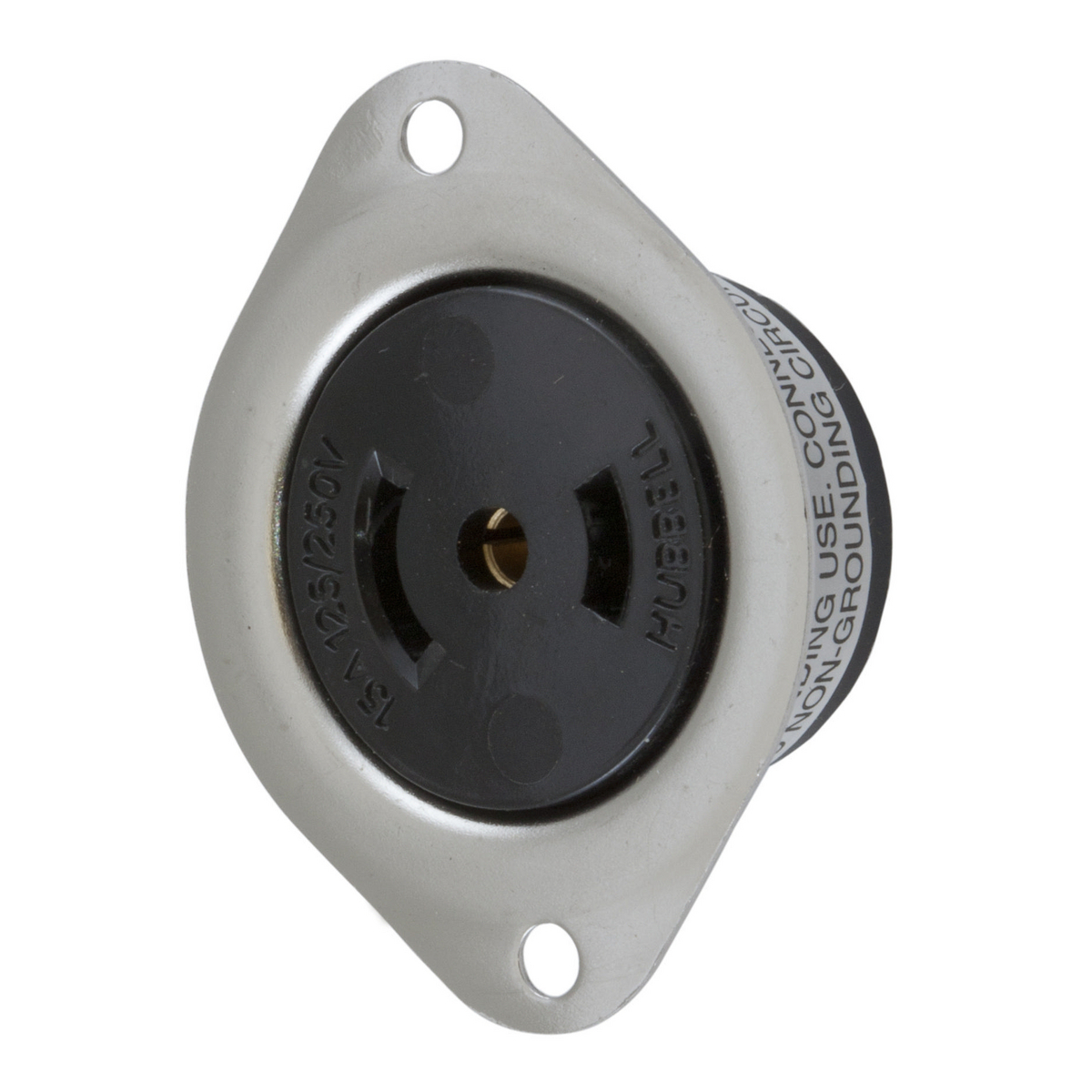 Locking Devices, Midget Twist-Lock, Industrial, Flanged Receptacle, 15A 125/250V AC, 3-Pole 3-Wire Non Grounding, NEMA ML-3R, Screw Terminal, Stainless Steel Flange.