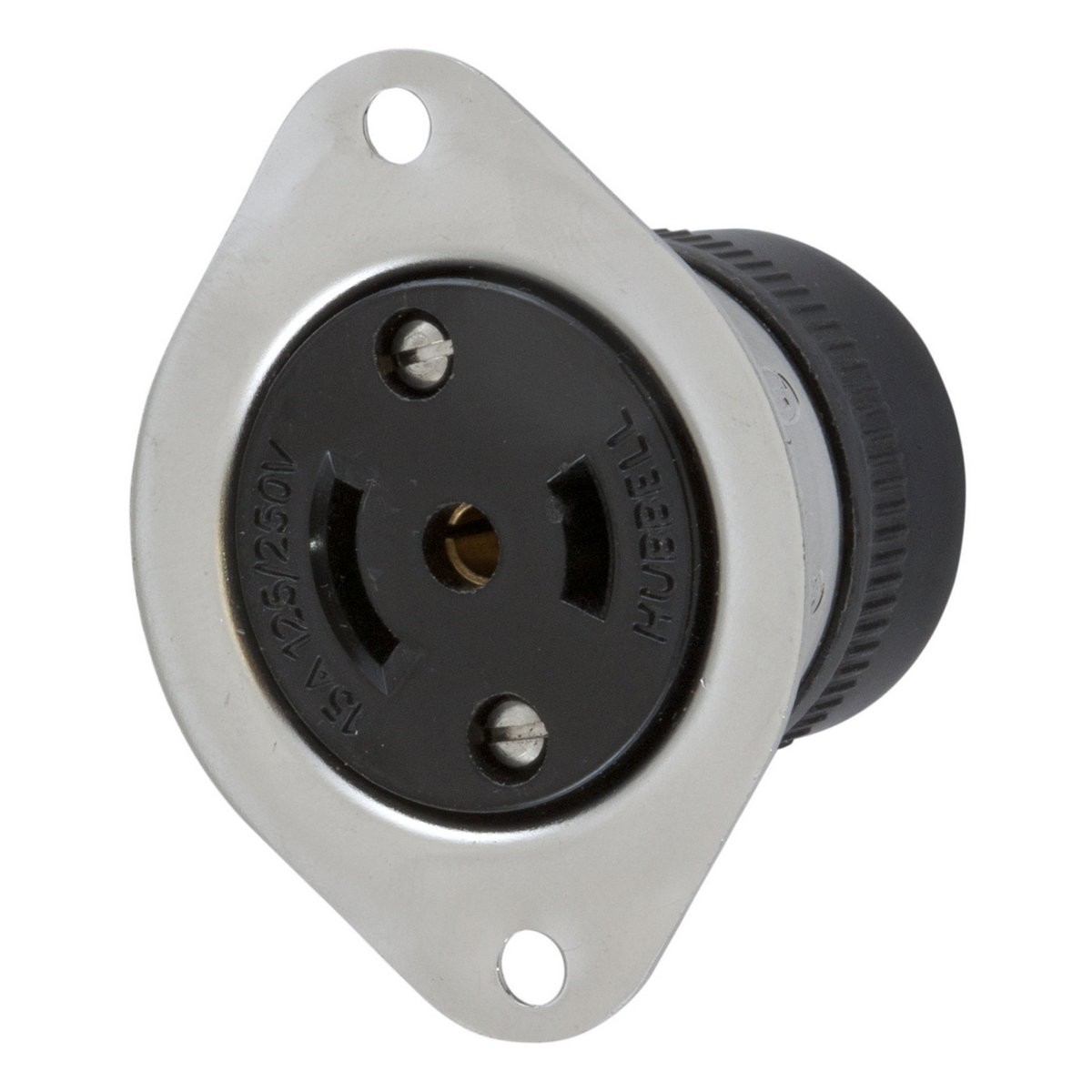 Locking Devices, Midget Twist-Lock, Industrial, Flanged Receptacle, 15A 125/250V AC, 3-Pole 3-Wire Non Grounding, NEMA ML-3R, Screw Terminal, Stainless Steel Flange.