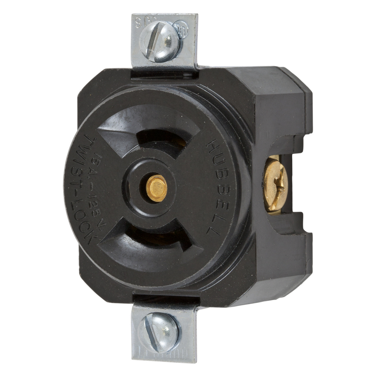 Twist-Lock Industrial Panel Mount Single Receptacle, 15A 125V, 2-Pole 2-Wire Non Grounding, NEMA L1-15R, Screw Terminal, 1 and 15/16" Mounting Dimension.