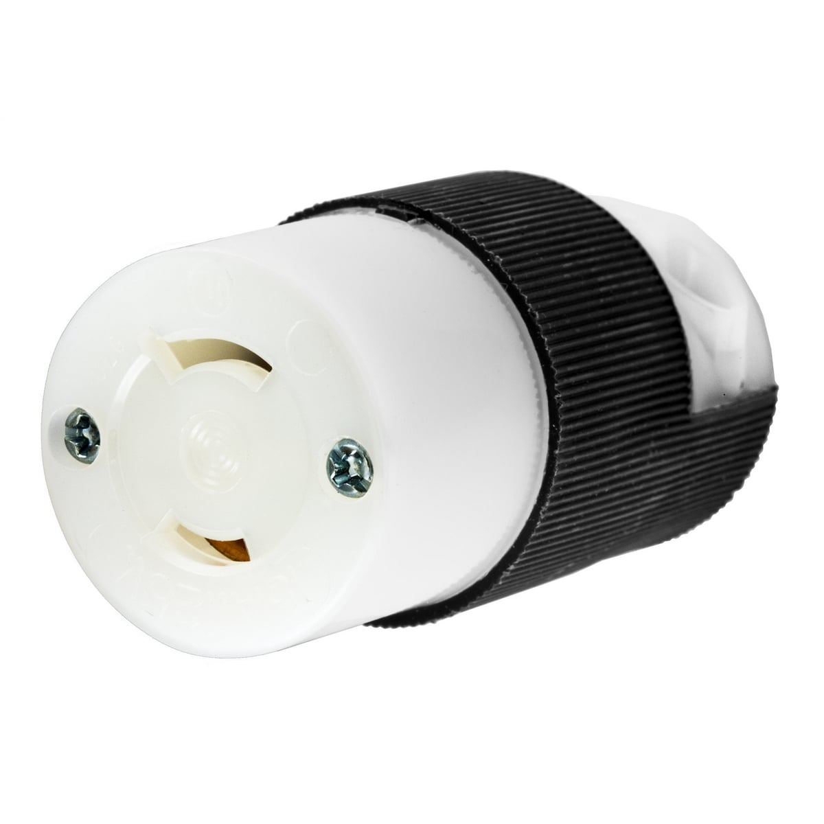 Locking Devices, Twist-Lock, Industrial, Female Insulgrip Connector Body, 15A 125V , 2-Pole 2-Wire Non-Grounding, NEMA L1-15R, Screw Terminal, Black and White Nylon.