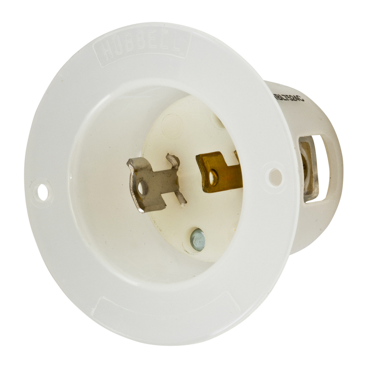 Locking Devices, Twist-Lock, Industrial, Insulgrip Flanged Inlet, 15A 125V, 2-Pole 2-Wire Non-Grounding, NEMA L1-15P, Screw Terminal, Nylon casing, Polarized, Backwired, White.