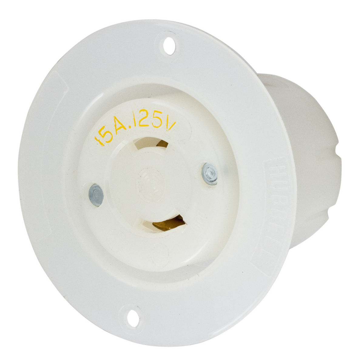 Locking Devices, Twist-Lock, Industrial, Insulgrip Flanged Receptacle, 15A 125V, 2-Pole 2-Wire Non Grounding, NEMA L1-15R, Screw Terminal, Nylon Casing, Polarized, Backwired, White.