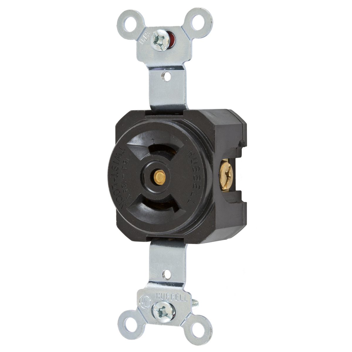 Locking Devices, Twist-Lock, Industrial, Single Flush Receptacle, 15A 125V, 2-Pole 2-Wire Non Grounding, NEMA L1-15R, Screw Terminal, Black.