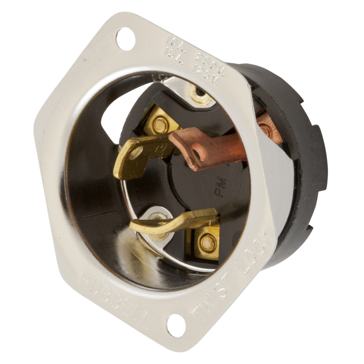 Locking Devices, Twist-Lock, Industrial, Flanged Inlet, 10A 250V/15A 125V, 3-Pole 3-Wire Non Grounding, Non-NEMA, Screw Terminal, Stainless steel casing, Brown/Stainless
