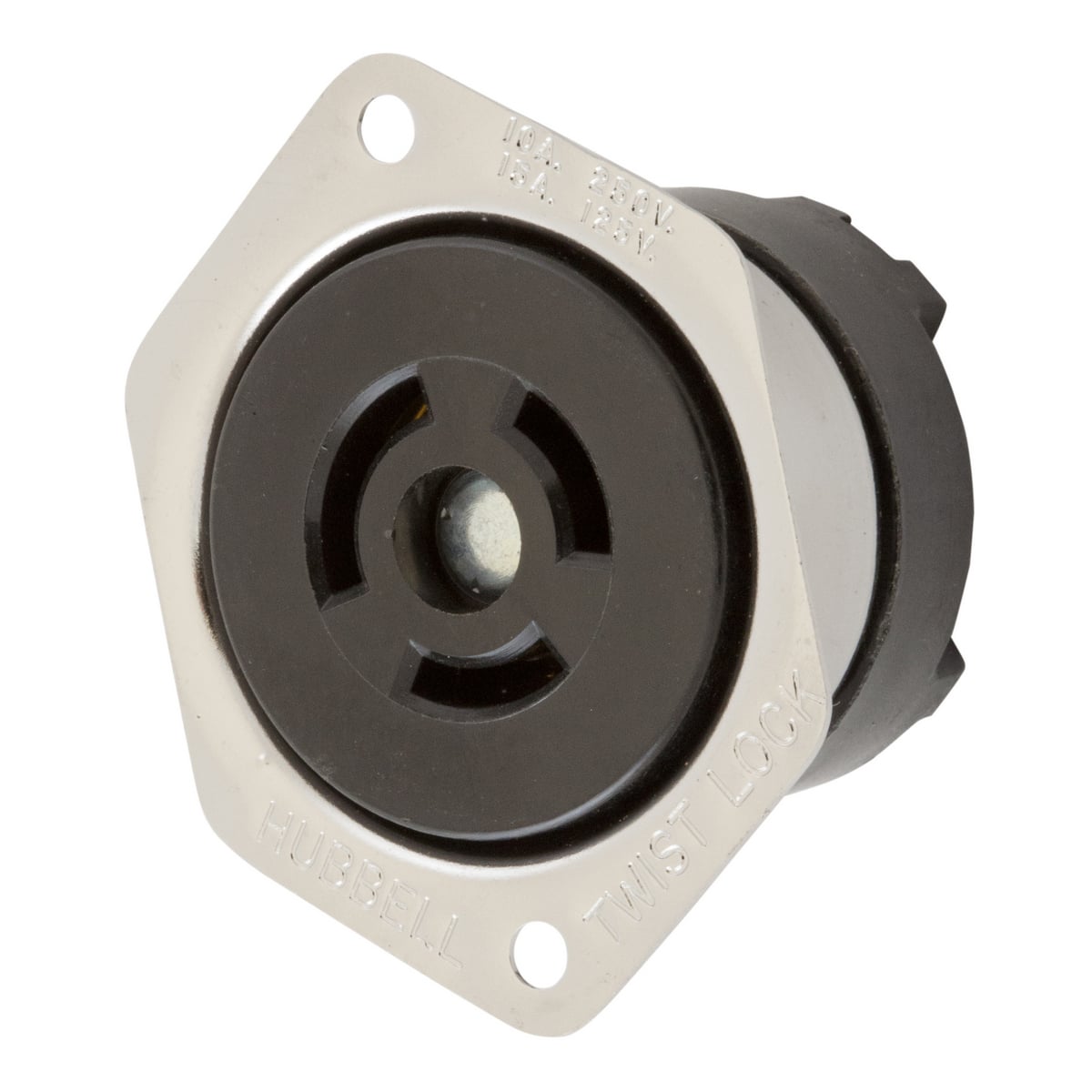 Locking Devices, Twist-Lock, Industrial, Stainless Steel Flanged Receptacle, 10A 250V/15A 125V, 3-Pole 3-Wire Non Grounding, Non- NEMA, Screw Terminal, Brown/Stainless.