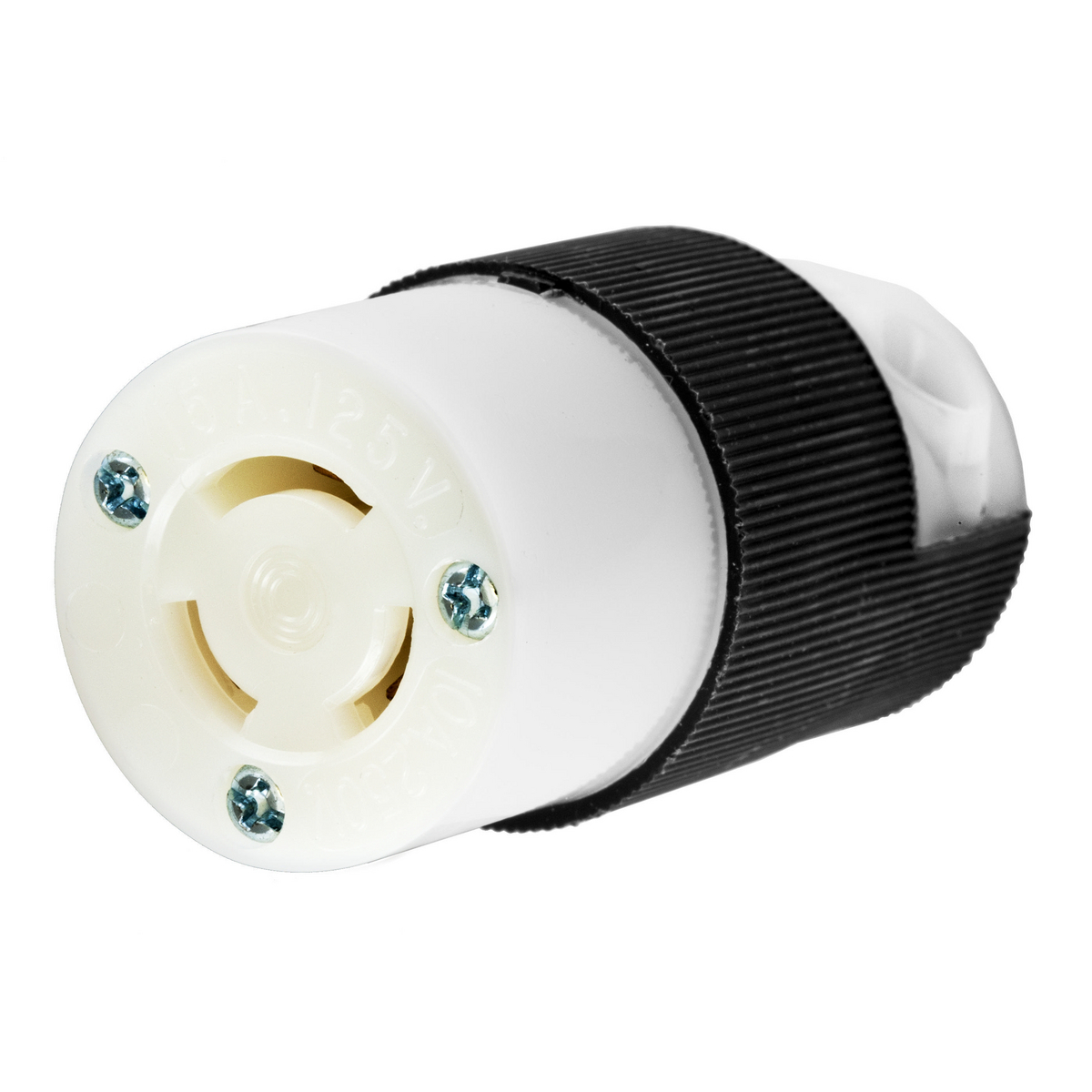 Locking Devices, Twist-Lock, Industrial, Female Insulgrip Connector Body, 10A 250V/15A 125V, 3-Pole 3-Wire Non Grounding, Non-NEMA, Screw Terminal, Black and White Nylon.