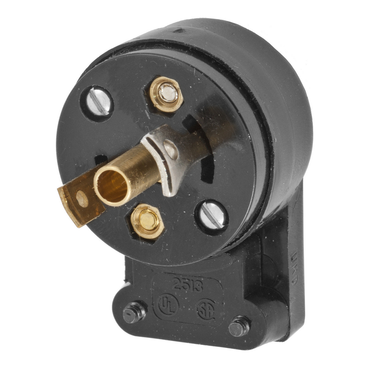 Locking Devices, Midget Twist-Lock, Industrial, Male Plug, 15A 125V AC, 2-Pole 3-Wire Grounding, NEMA ML-2P, Screw Terminal, Black, Angled.