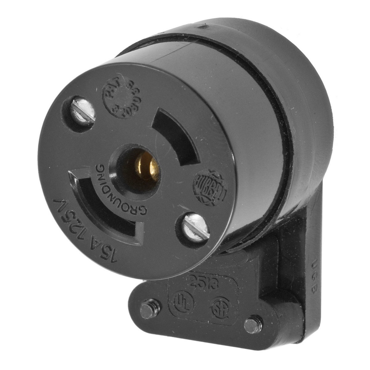 Locking Devices, Midget Twist-Lock, Industrial, Female Connector, 15A 125V AC, 2-Pole 3-Wire Grounding, NEMA ML-2R, Screw Terminal, Black Angled.
