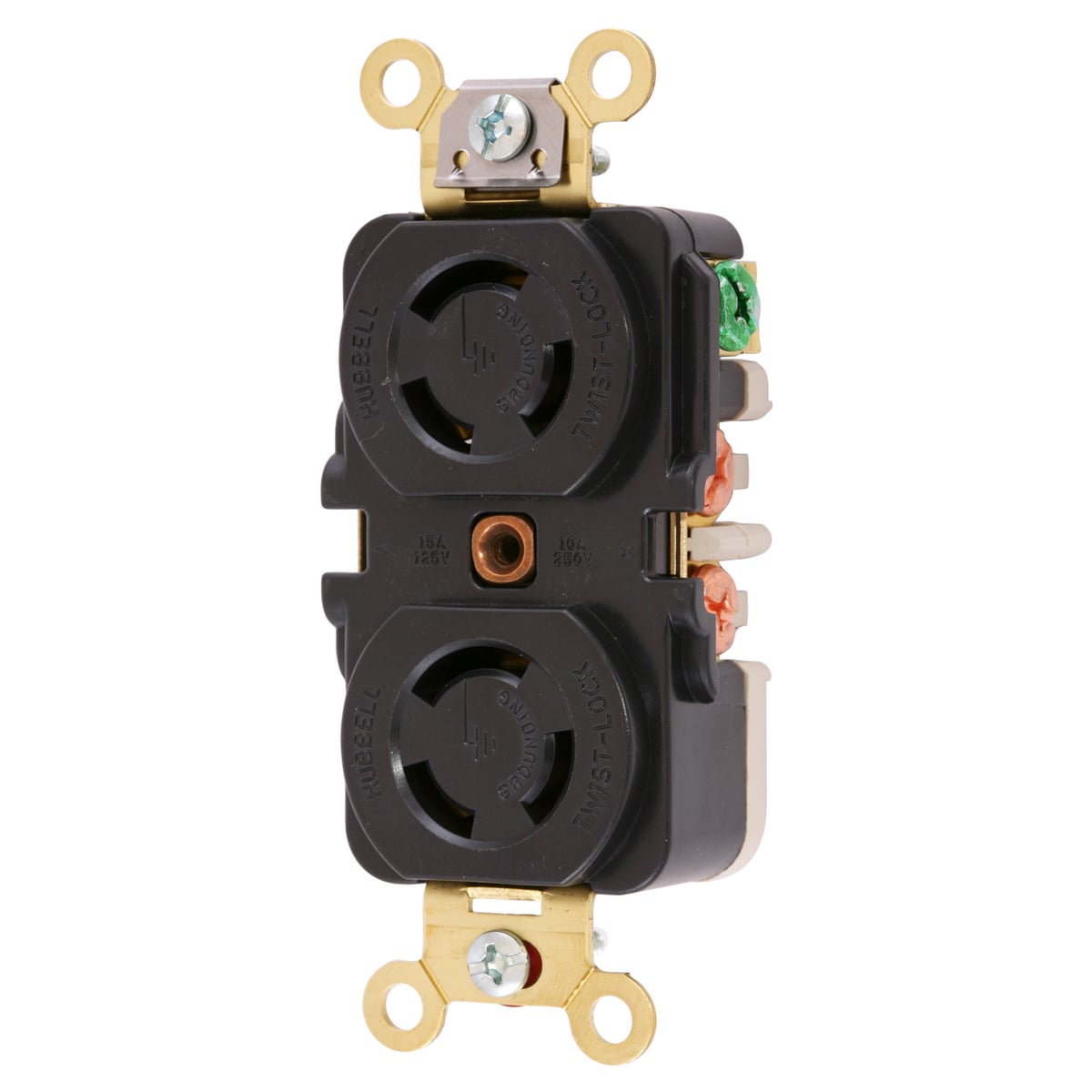 Locking Devices, Twist-Lock, Industrial, Duplex Flush Receptacle, 10A 250V/15A 125V, 2-Pole 3-Wire Grounding, Non- NEMA, Screw Terminal, Black RTP.