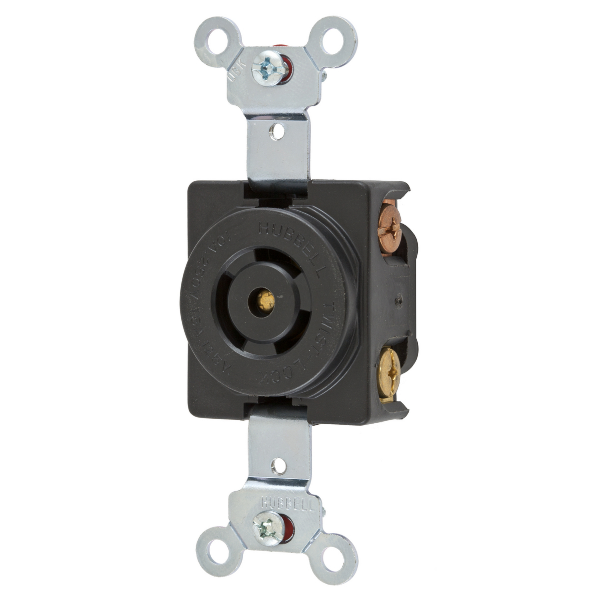 Locking Devices, Twist-Lock, Industrial, Single Flush Receptacle, 10A 250V, 15A 125V, 3-Pole 3-Wire Non-Grounding, Non-NEMA, Screw Terminal, Black Phenolic.