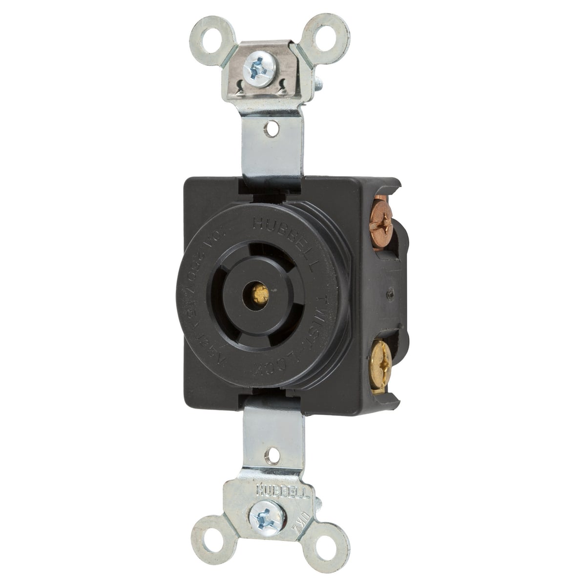 Twist-Lock Industrial Single Flush Receptacle, 10A 250V/15A 125V, 2-Pole 3-Wire Grounding, Non-NEMA, Screw Terminal Phenolic