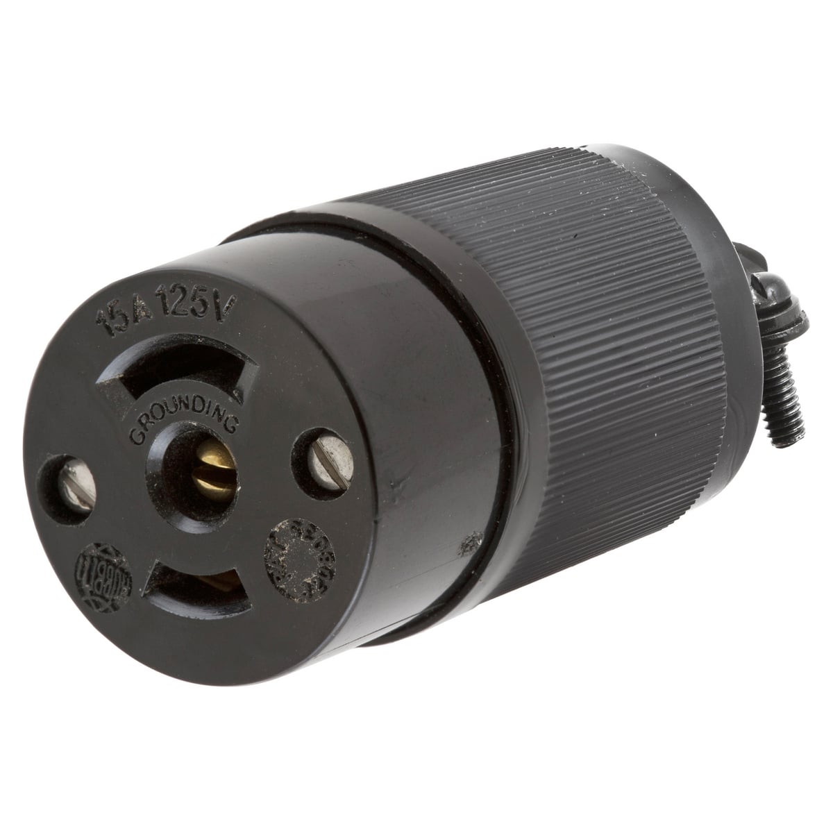 Locking Devices, Midget Twist-Lock, Industrial, Female Straight Connector, 15A 125V AC, 2-Pole 3-Wire Grounding, NEMA ML-2R, Screw Terminal, Black.