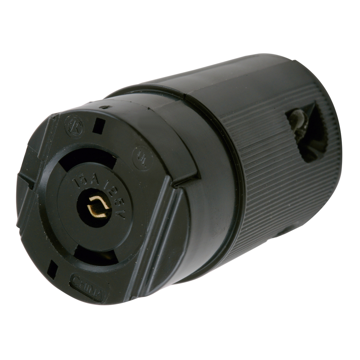 Locking Devices, Midget Twist-Lock, Valise, Female Connector Body, 15A 125V AC, 2-Pole 3-Wire Grounding, NEMA ML-2R, Screw Terminal, Black.