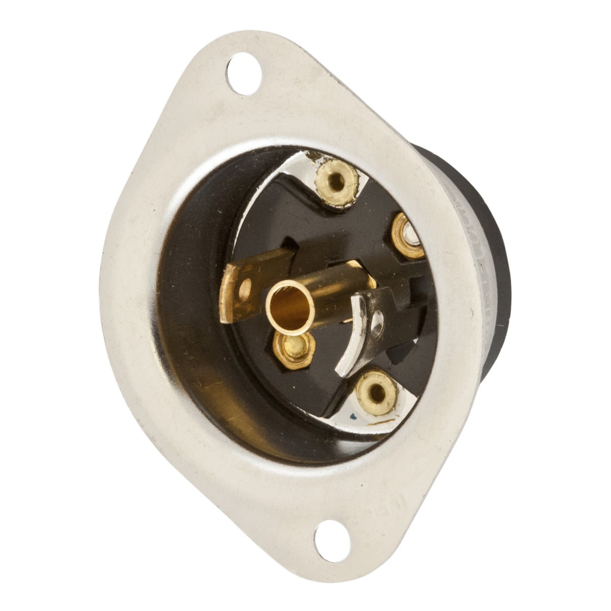 Locking Devices, Midget Twist-Lock, Industrial, Flanged Inlet, 15A 125V AC, 2-Pole 3-Wire Grounding, NEMA ML-2P, Screw Terminal, Stainless Steel Flange.