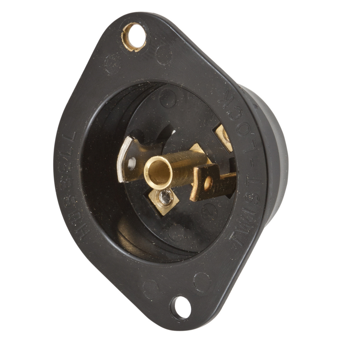 Locking Devices, Midget Twist-Lock, Industrial, Flanged Inlet, 15A 125V AC, 2-Pole 3-Wire Grounding, NEMA ML-2P, Screw Terminal, Black Nylon Flange.