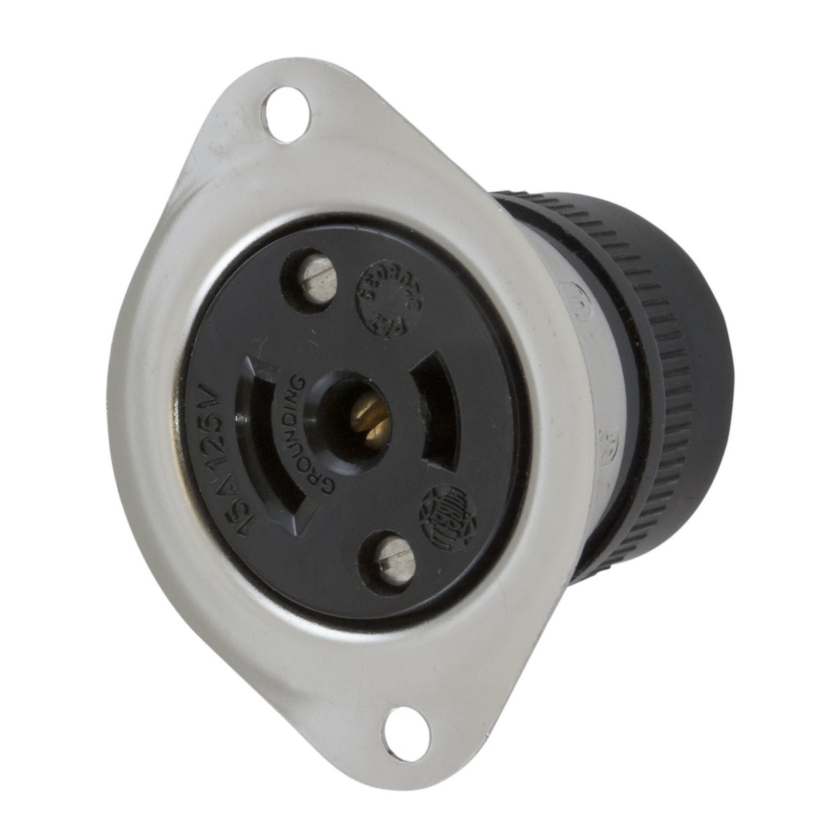 Locking Devices, Midget Twist-Lock, Industrial, Flanged Receptacle, 15A 125V AC, 2-Pole 3-Wire Grounding, NEMA ML- 2R, Screw Terminal, Stainless Steel Flange.