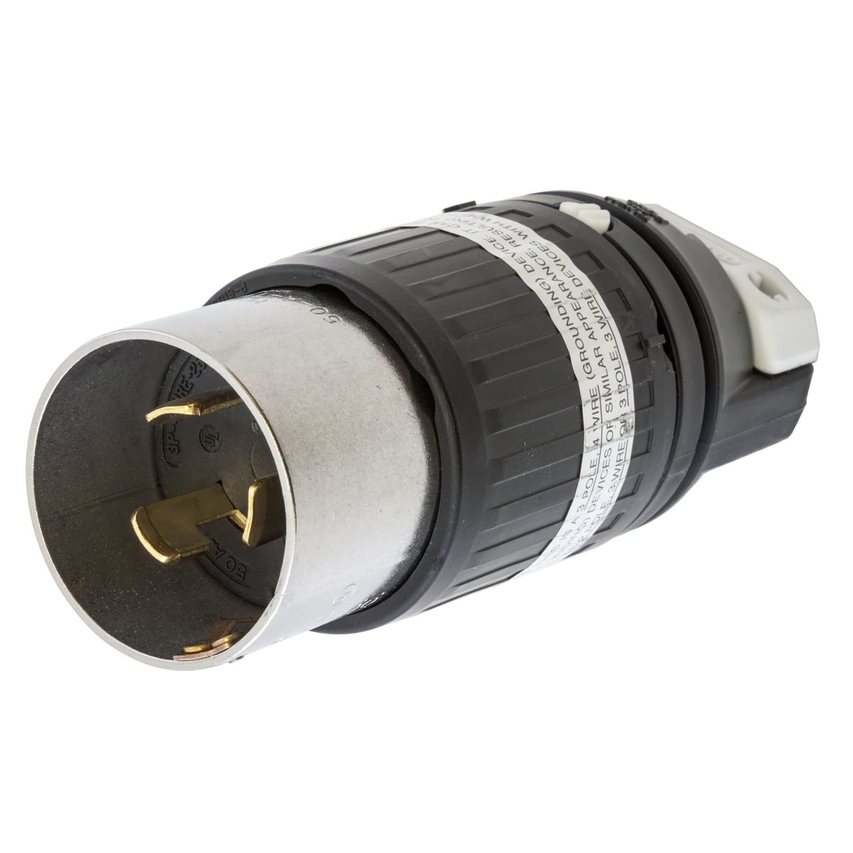 Locking Devices, Twist-Lock, Industrial, Male Insulgrip Plug, 50A 250V DC/600V AC, 3-Pole 4-Wire Grounding, Non-NEMA, Screw Terminal, Nylon housing thermoplastic polyester interior, Black