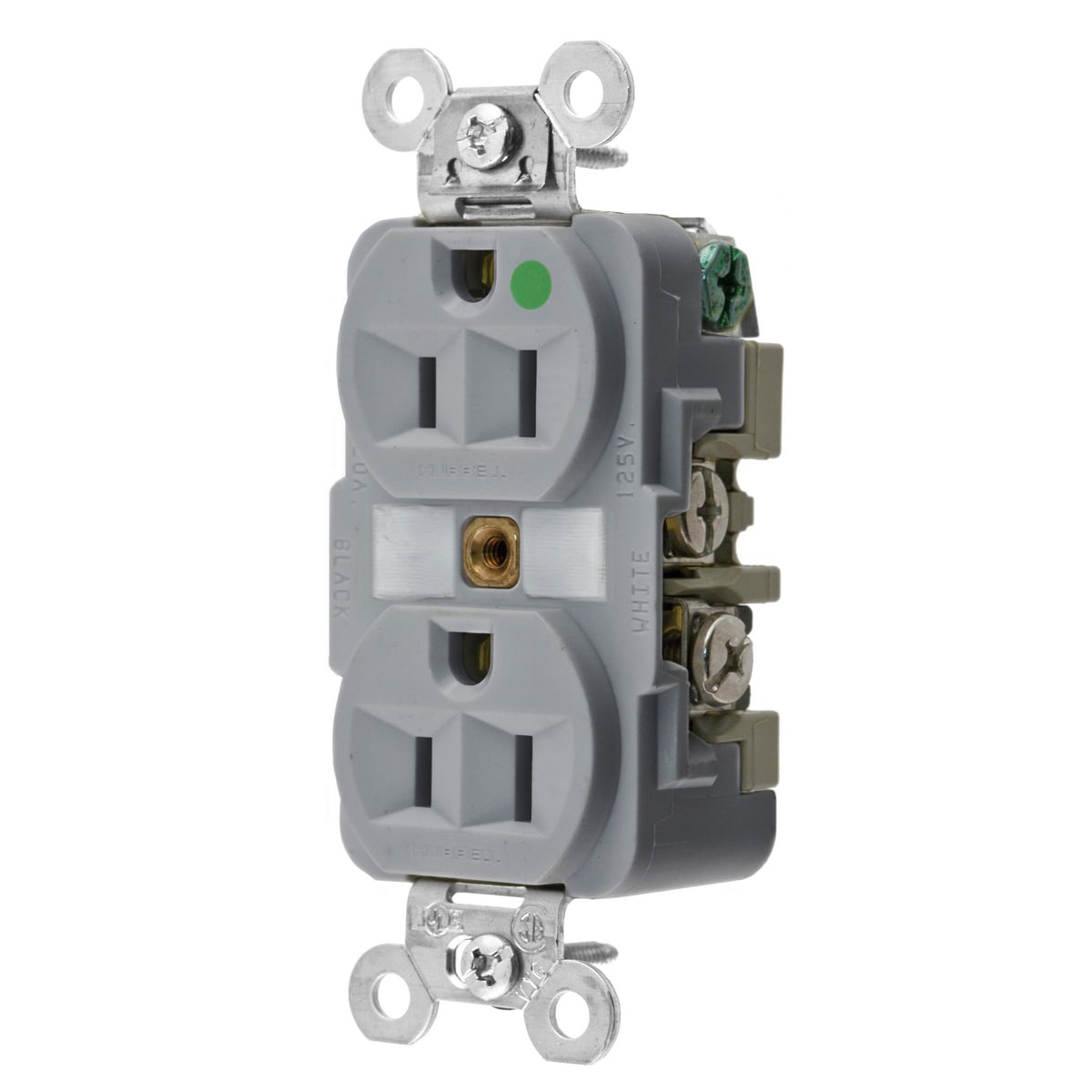 Straight Blade Devices, Receptacles, Duplex, Hospital Grade, 2-Pole 3-Wire Grounding, 15A 125V, 5-15R, Gray, Single Pack.