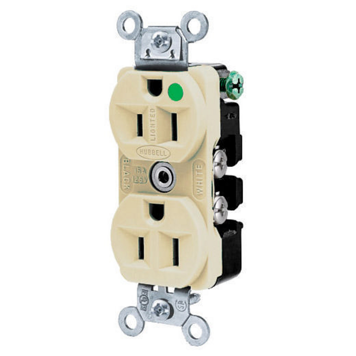 Straight Blade Devices, Receptacles, Duplex, Hospital Grade, 2-Pole 3-Wire Grounding, 15A 125V, 5-15R, Ivory, Illuminated Face.