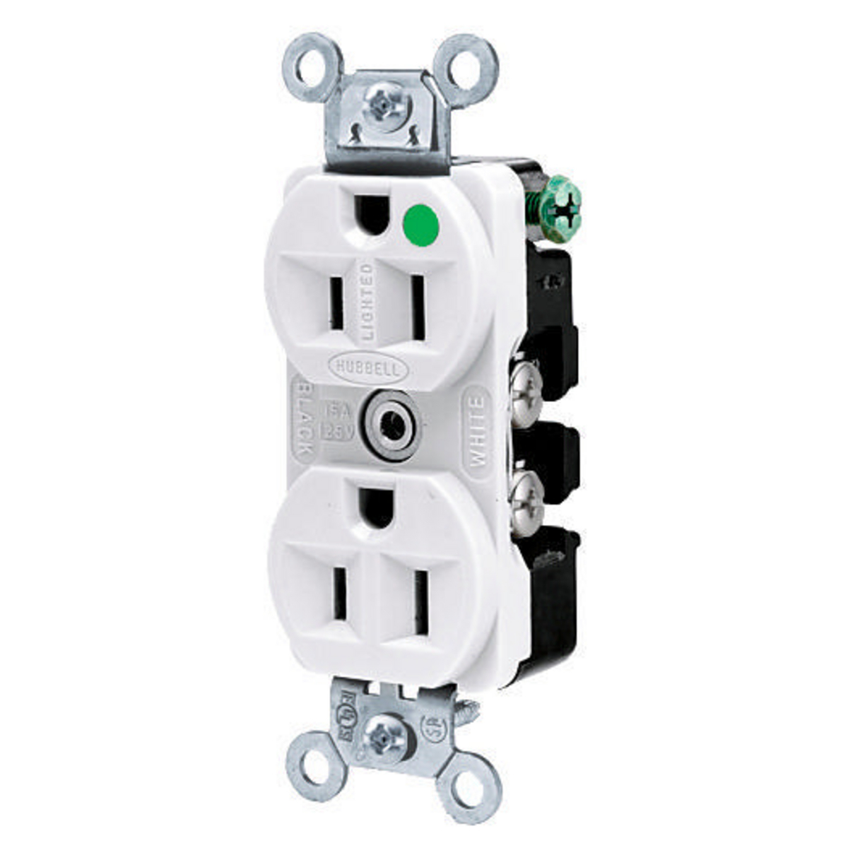 Straight Blade Devices, Receptacles, Duplex, Hospital Grade, 2-Pole 3-Wire Grounding, 15A 125V, 5-15R, White, Bulk Packed, Illuminated Face.
