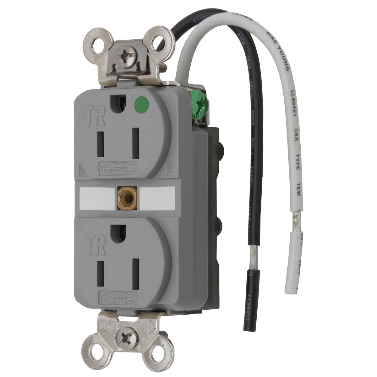 Straight Blade Duplex Receptacle, Tamper Resistant Hospital Grade, 2-Pole 3-Wire Grounding, 15A 125V, 5-15R