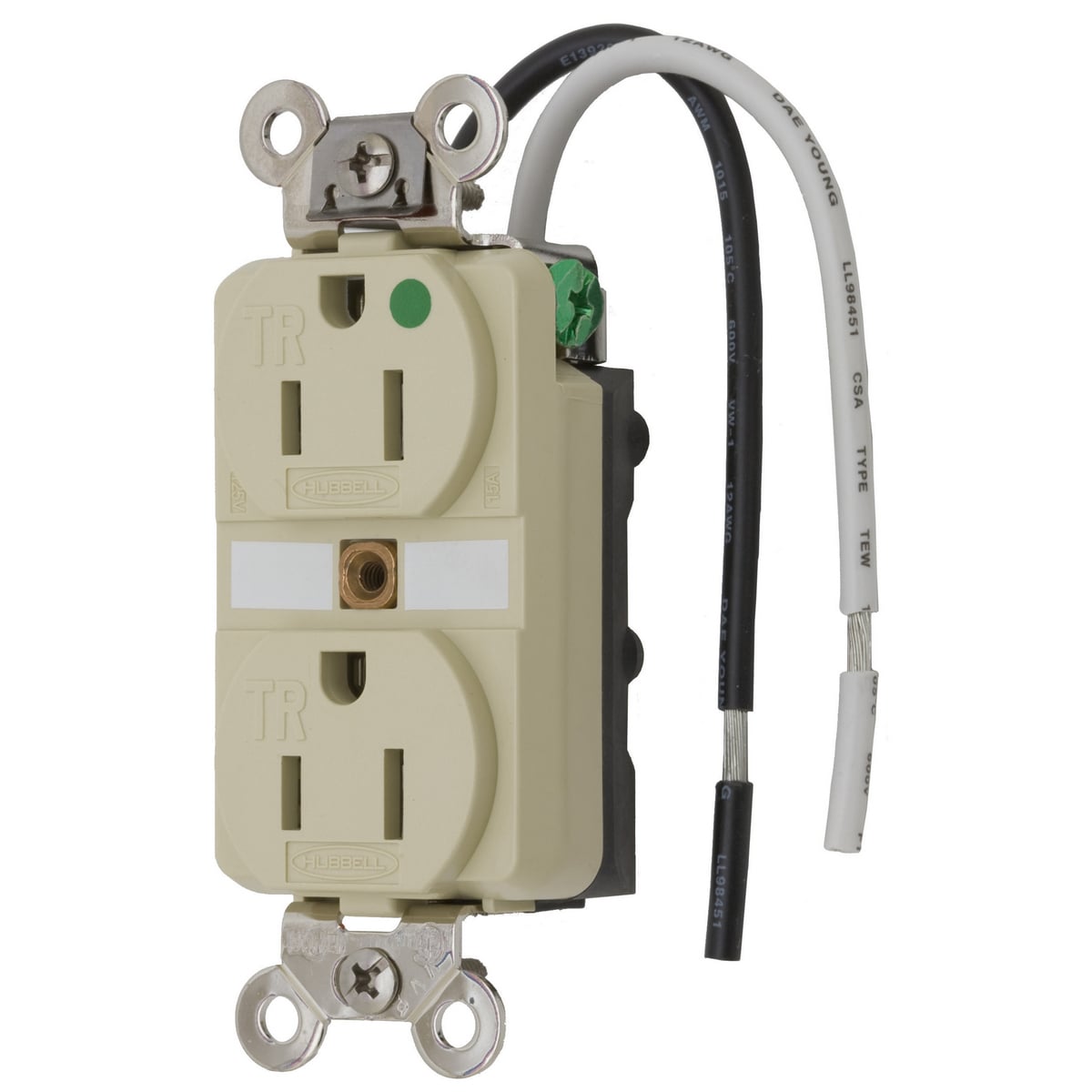 Straight Blade Devices, Receptacles, Duplex, Tamper Resistant Hospital Grade, 2-Pole 3-Wire Grounding, 15A 125V, 5-15R, Ivory, Single Pack.
