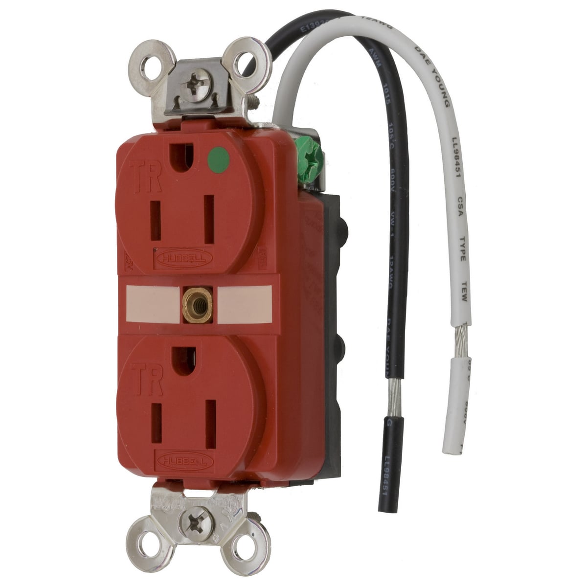 Straight Blade Devices, Receptacles, Duplex, Tamper Resistant Hospital Grade, 2-Pole 3-Wire Grounding, 15A 125V, 5-15R, Red, Single Pack.