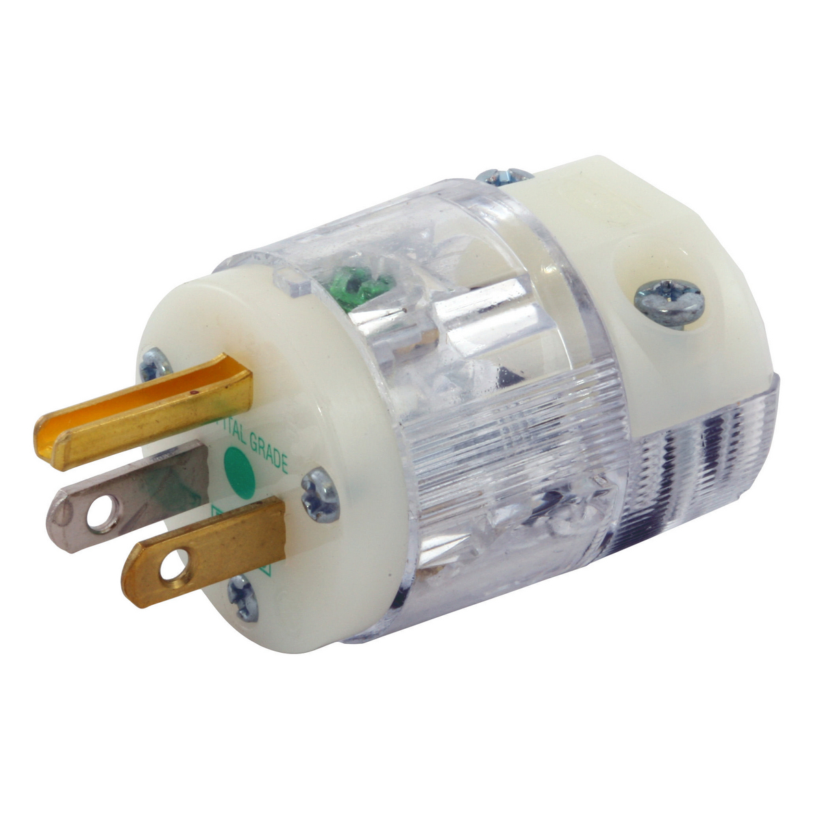 Straight Blade Devices, Male Plug, Insulgrip, Hospital Grade, Straight, 2-Pole 3-Wire Grounding, 15A 125V, 5-15P, Transparent, Single Pack.
