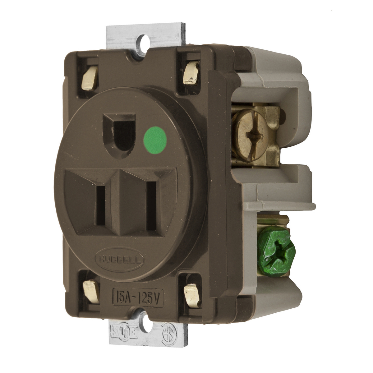 Straight Blade Devices, Receptacles, Panel Mounted Single, Hospital Grade, 2-Pole 3-Wire Grounding, 15A 125V, 5-15R, Brown, Single Pack.