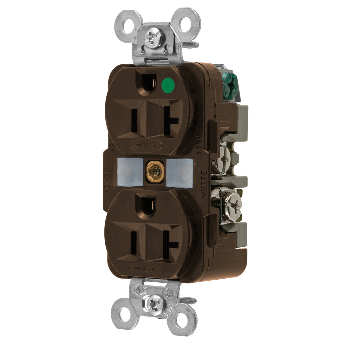 Straight Blade Devices, Receptacles, Duplex, Hospital Grade, 2-Pole 3-Wire Grounding, 20A 125V, 5-20R, Brown, Single Pack.