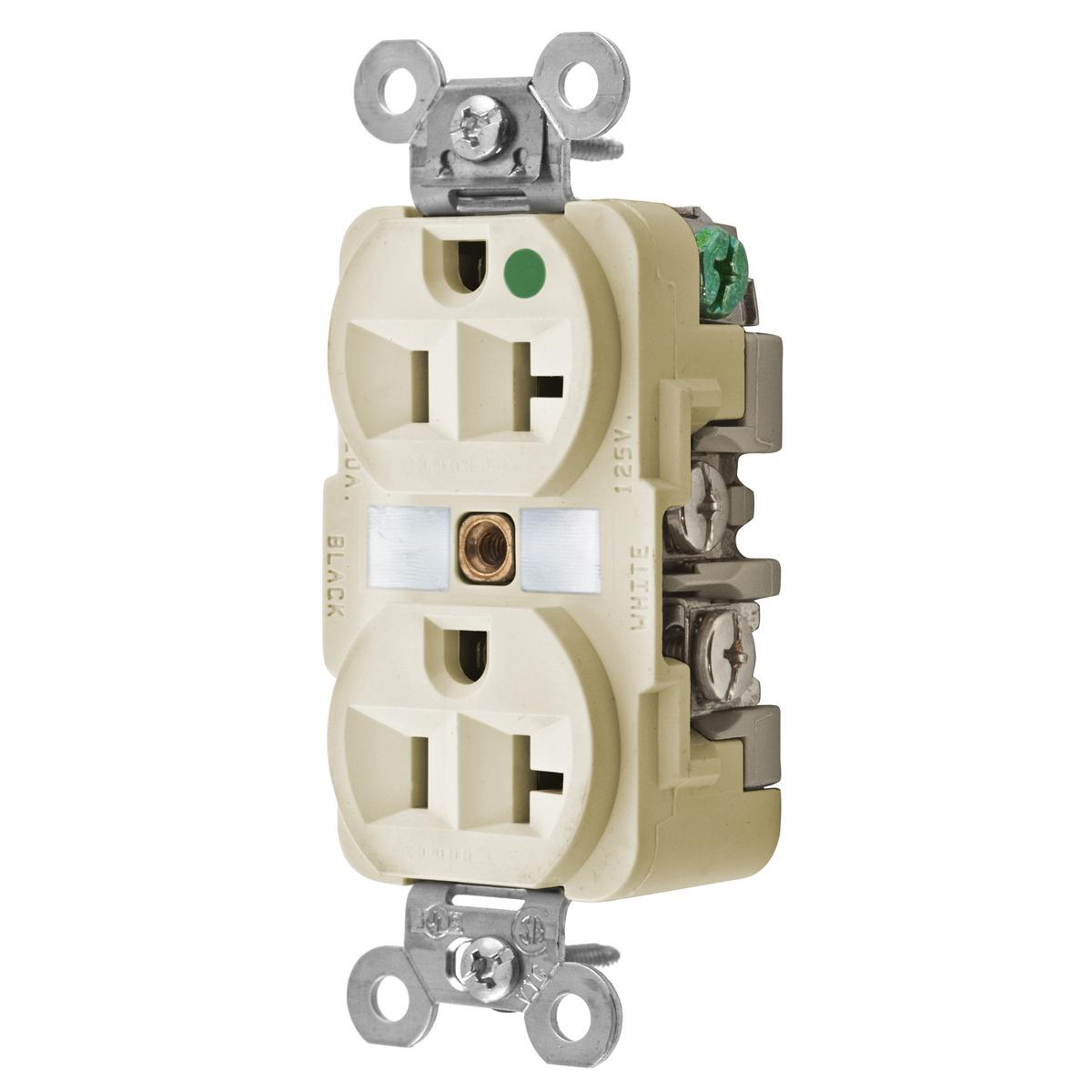 Straight Blade Devices, Receptacles, Duplex, Hospital Grade, 2-Pole 3-Wire Grounding, 20A 125V, 5-20R, Ivory, Single Pack.